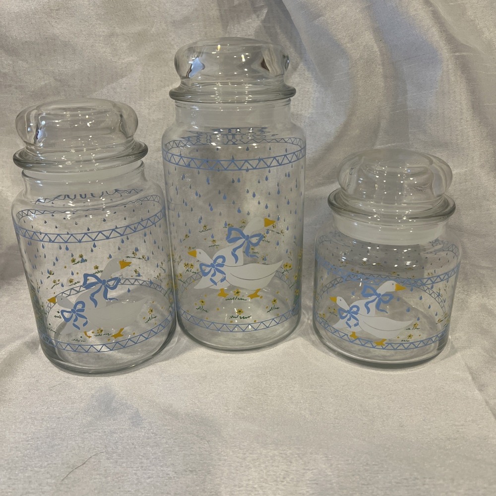 Vtg Blue Ribbon Country Geese Glass Jars 80s Set 3 Anchor Hocking Canister